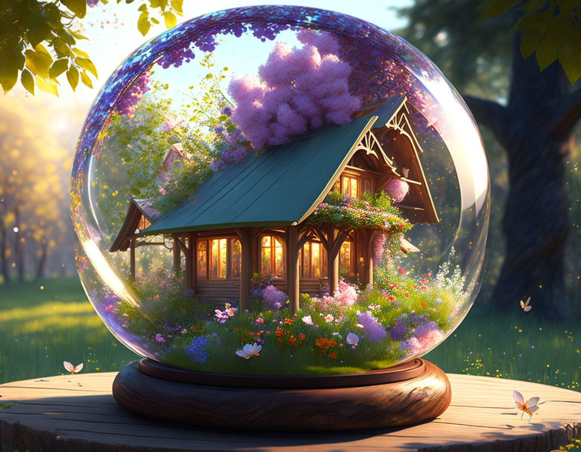 Blooming garden in glass sphere on wooden base in serene forest