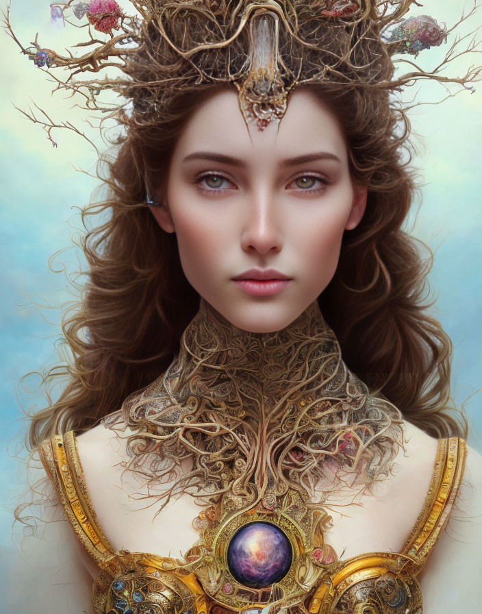 Elaborate fantasy crown and purple gemstone on woman portrait