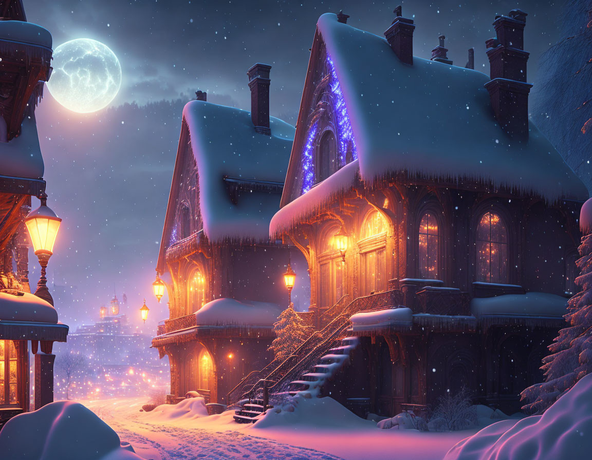 Victorian-style house with Christmas lights in snowy night scene