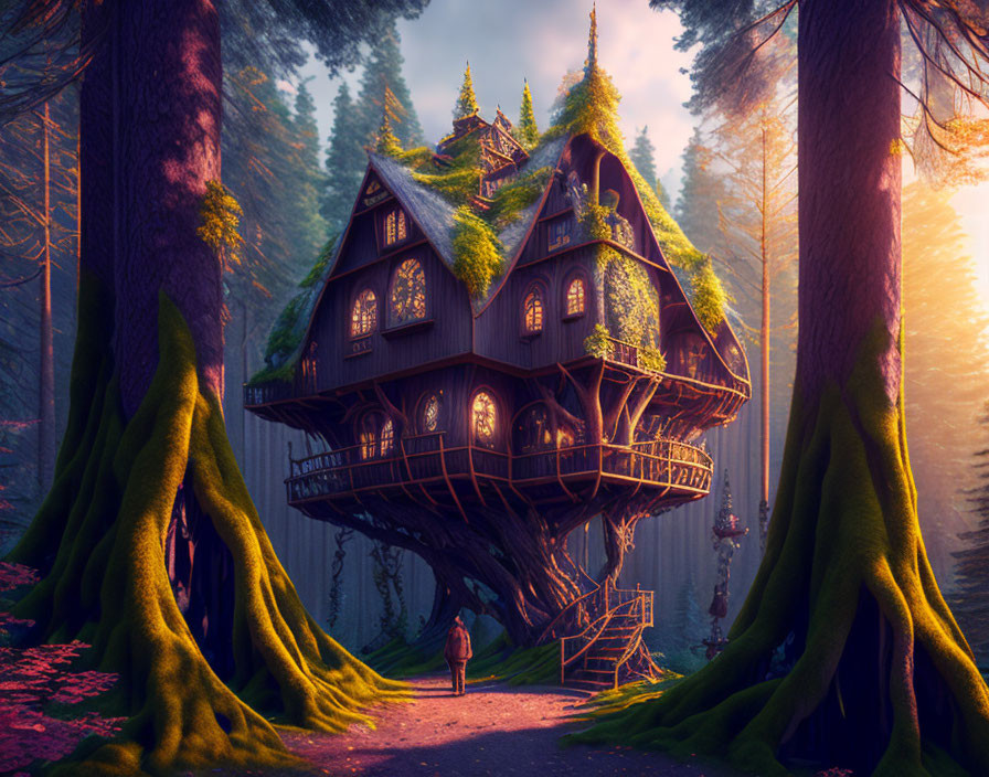 Intricate Treehouse in Enchanted Forest Glow