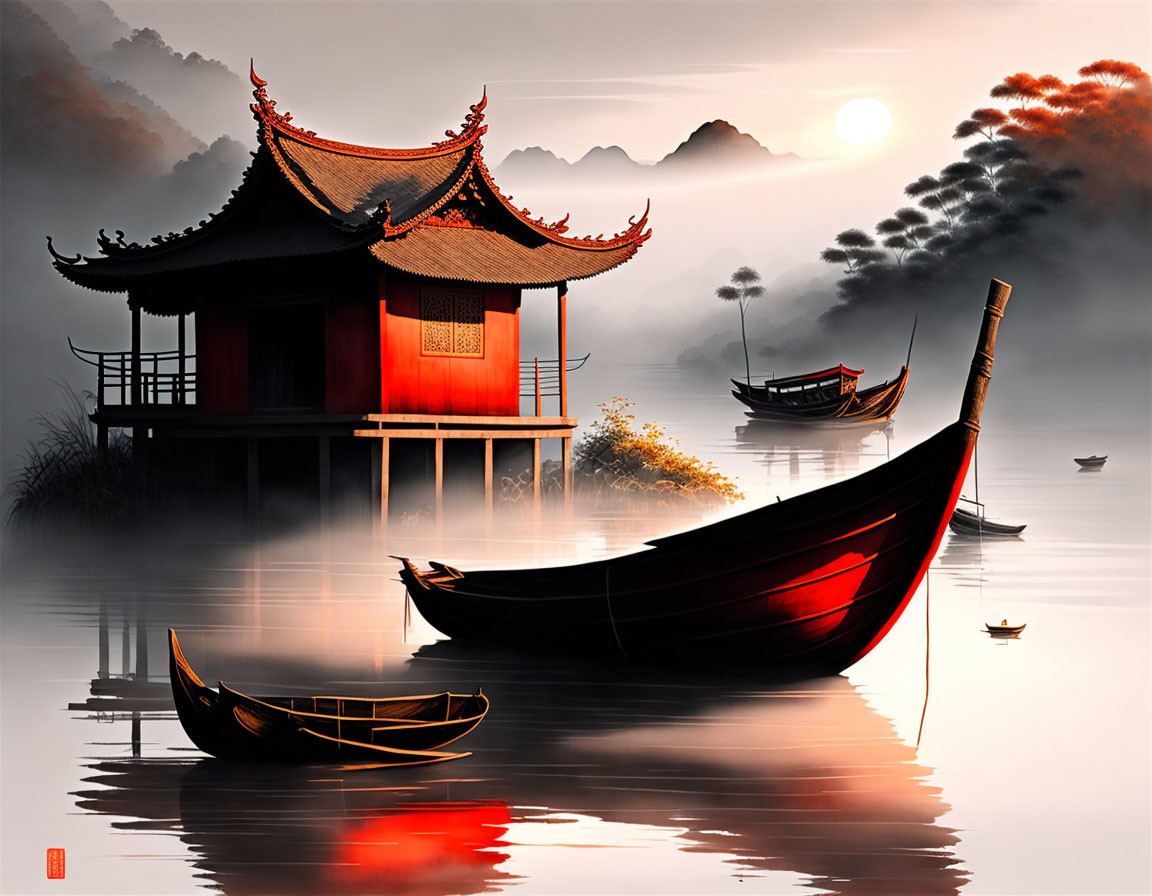 Scenic Asian red pagoda, boats, mist, and sunset sky.