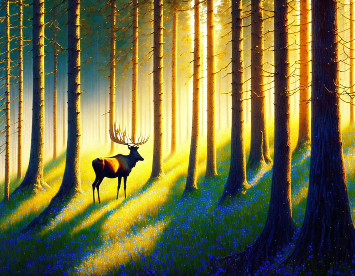 Majestic stag in vibrant forest with sunbeams and blue flowers