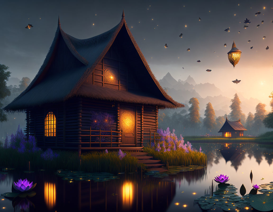 Traditional wooden house by pond with glowing lights and flying lanterns at dusk