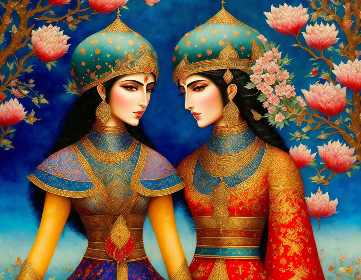 Stylized women in ornate traditional attire with helmets on floral background