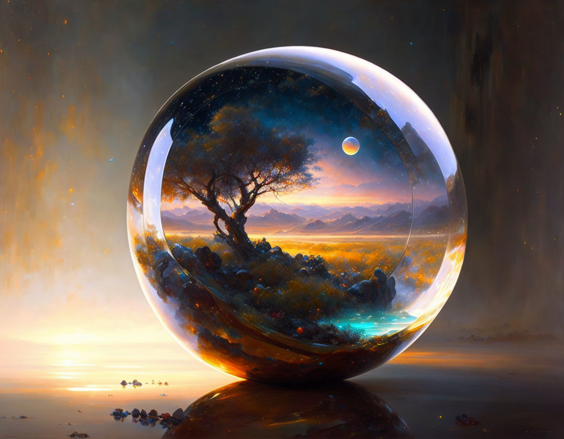 Fantastical landscape with tree, mountains, starry sky in crystal ball