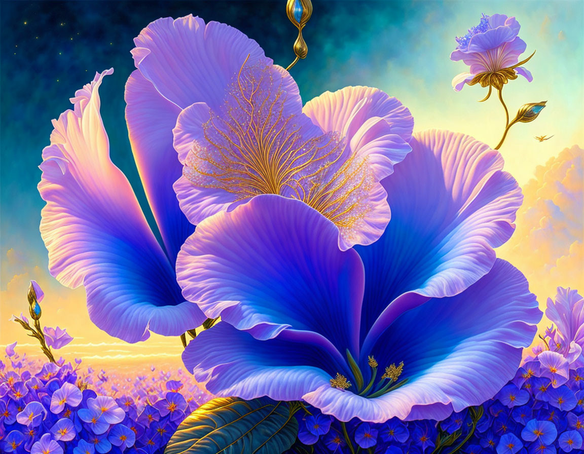 Digital art: Oversized purple flowers with golden centers against surreal blue sky