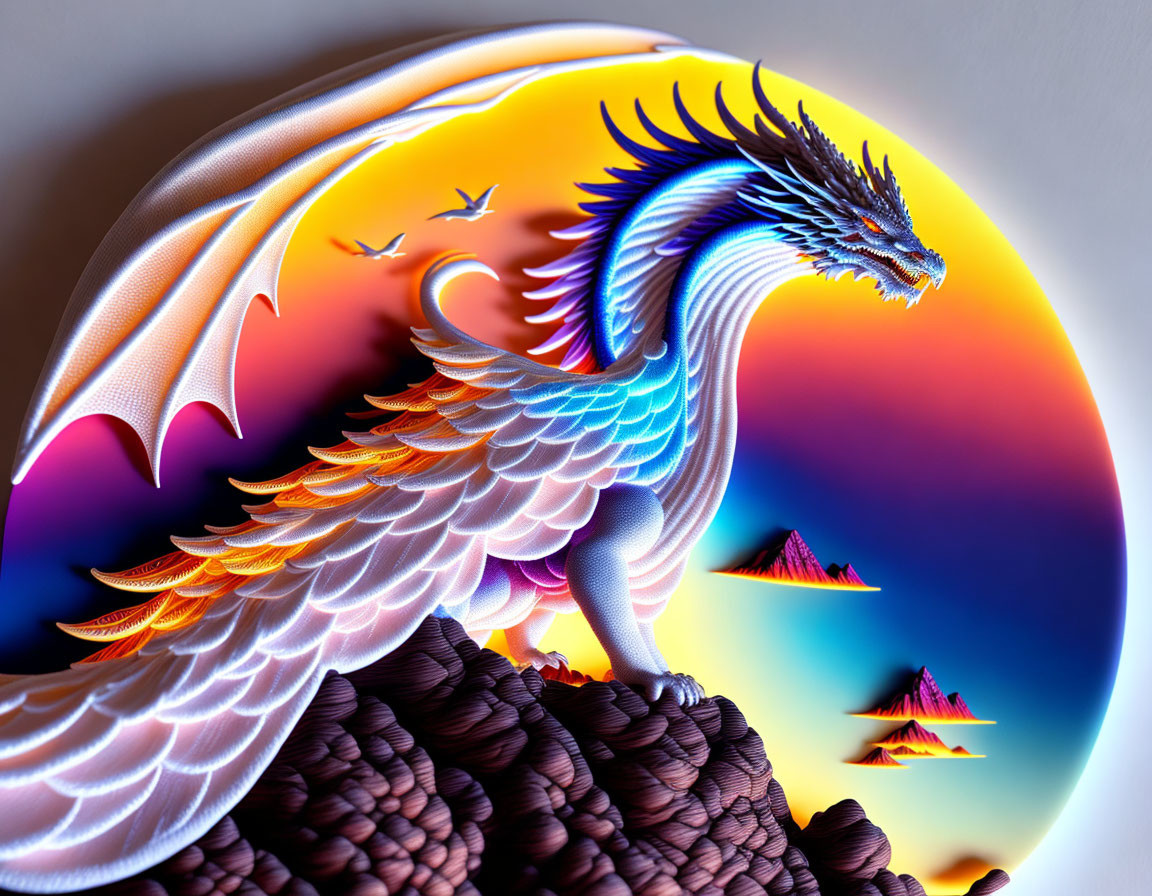 Majestic white and blue dragon on rocky perch in vibrant 3D illustration