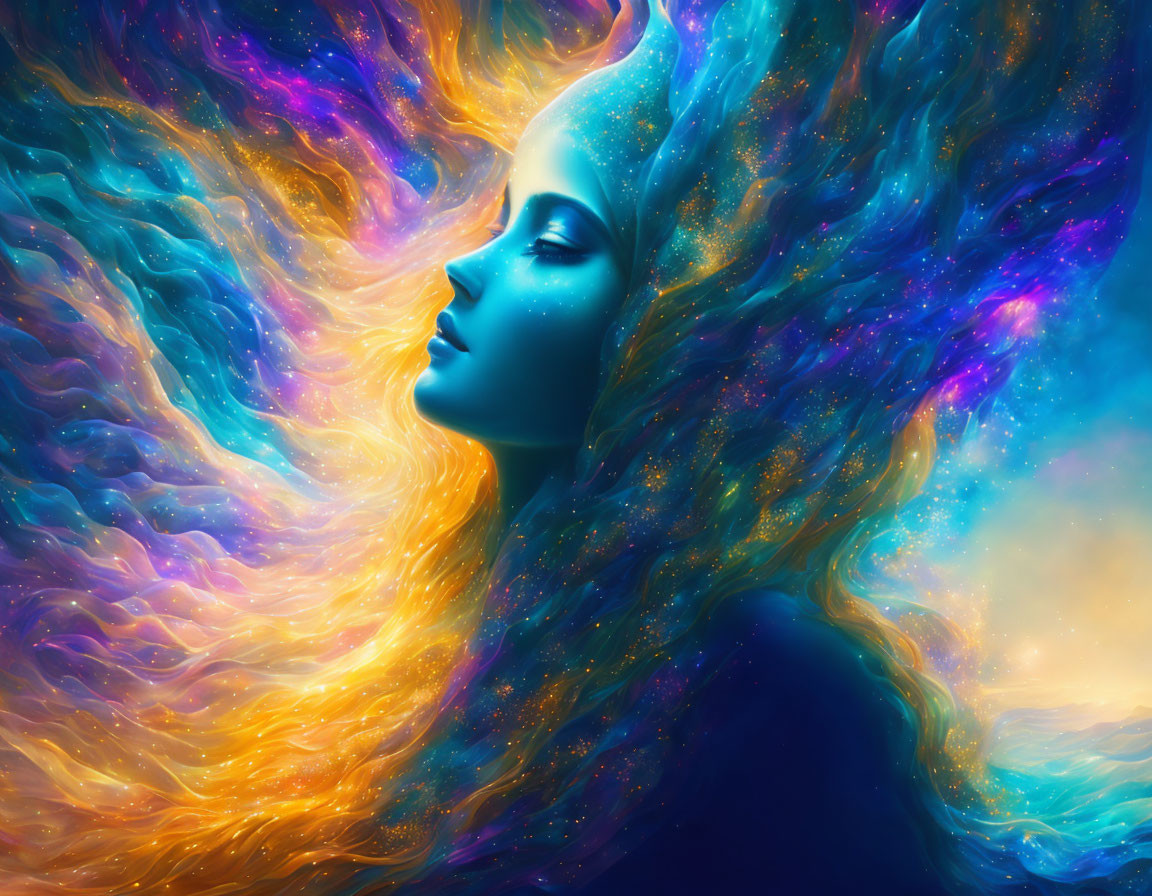 Vibrant cosmic woman with hair and skin like a star-filled nebula