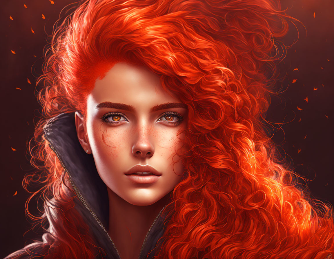 Illustration of woman with red curly hair and green eyes on fiery red backdrop.