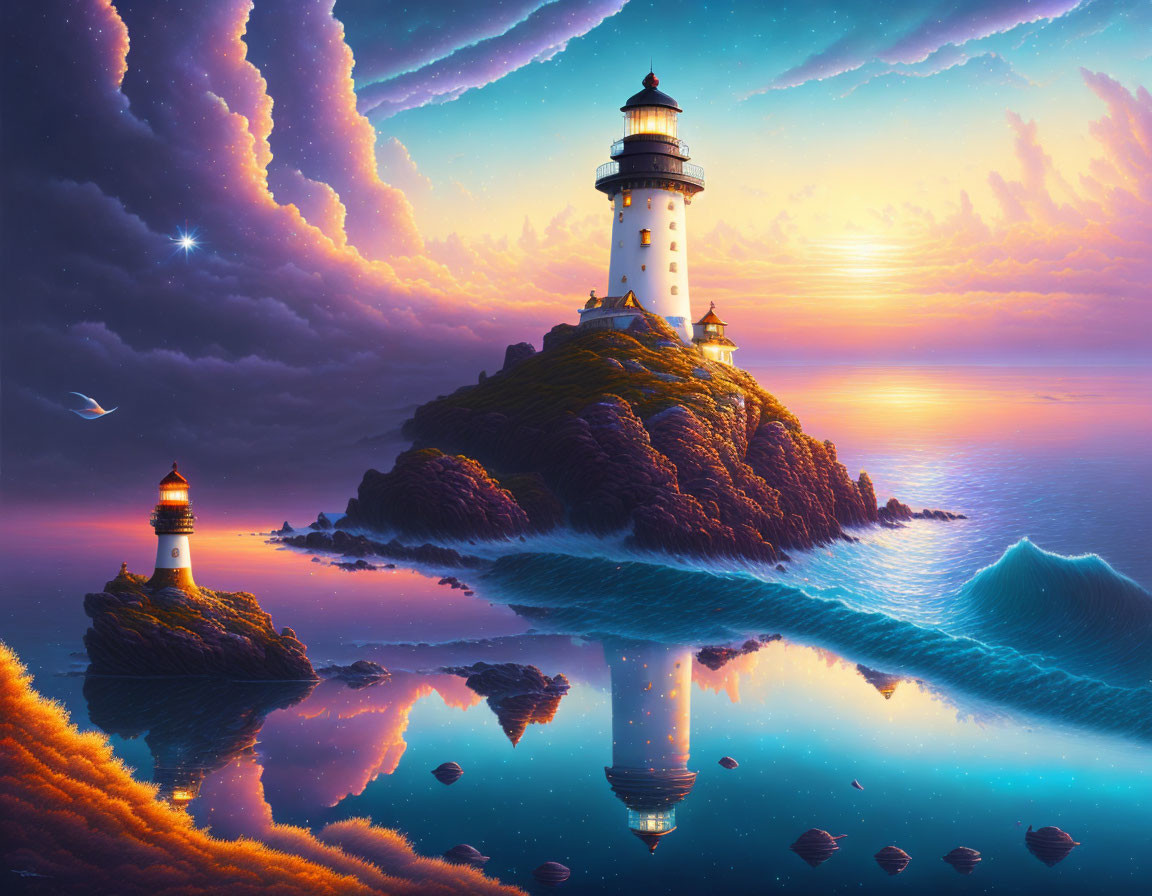 Digital Art: Twin Lighthouses on Islands Mirrored Above Calm Waters