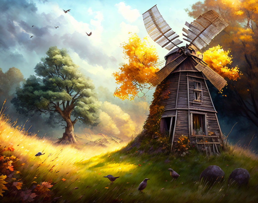 Rustic windmill surrounded by autumn foliage and wildlife