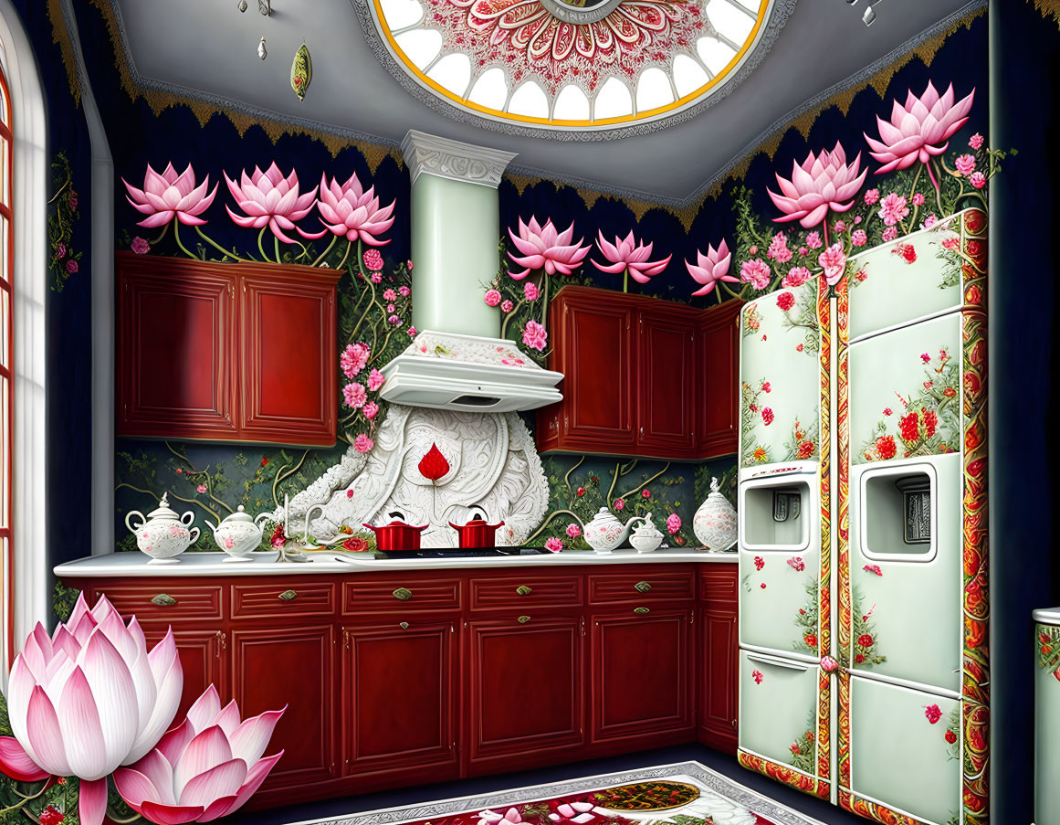 Colorful Lotus-Themed Kitchen with Dark Red Cabinetry and Floral Patterns