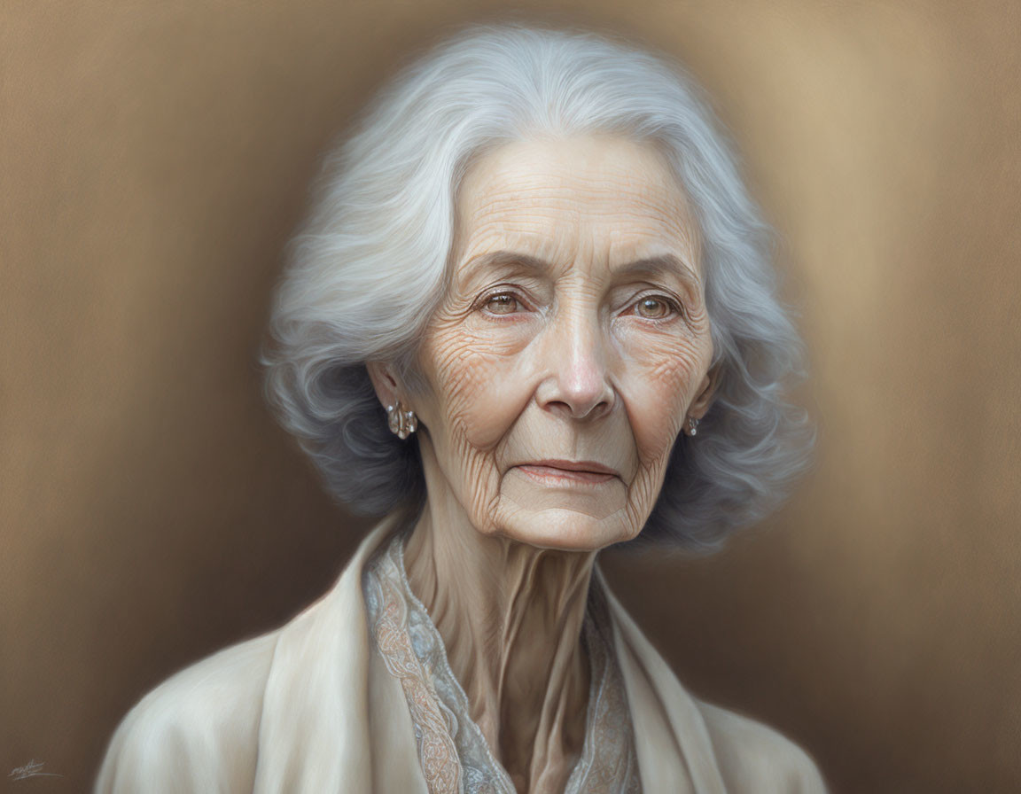 Elderly Woman with White Hair and Wise Eyes in Cream Blouse