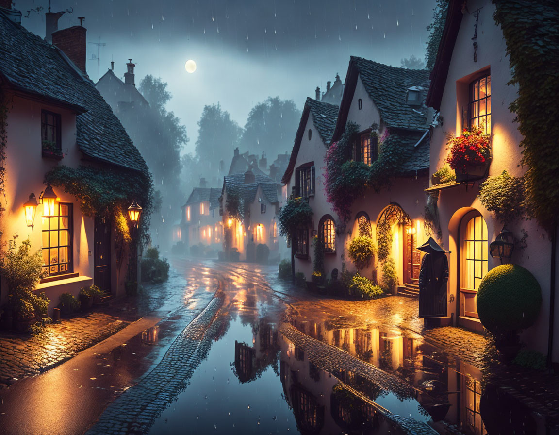 Picturesque village street at night: cobblestones, warm cottage lights, rain, full moon