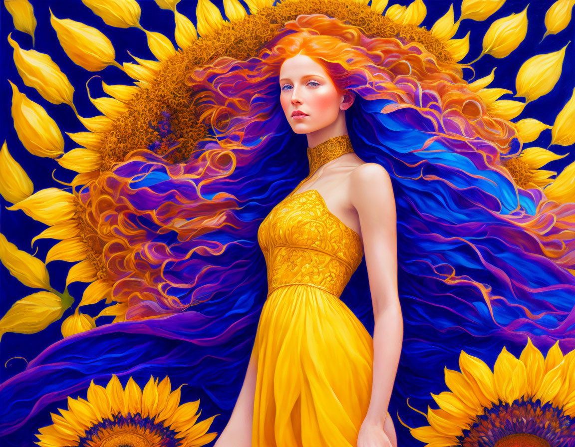 Vibrant digital artwork: Woman with blue hair, sunflowers, yellow dress