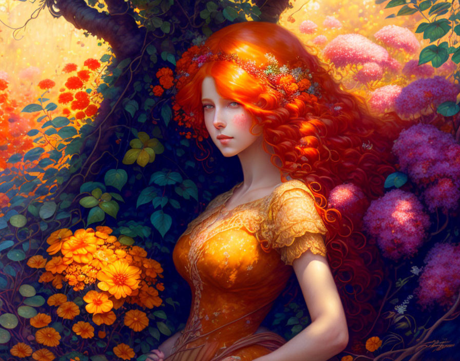 Red-haired woman in golden gown surrounded by flowers and trees