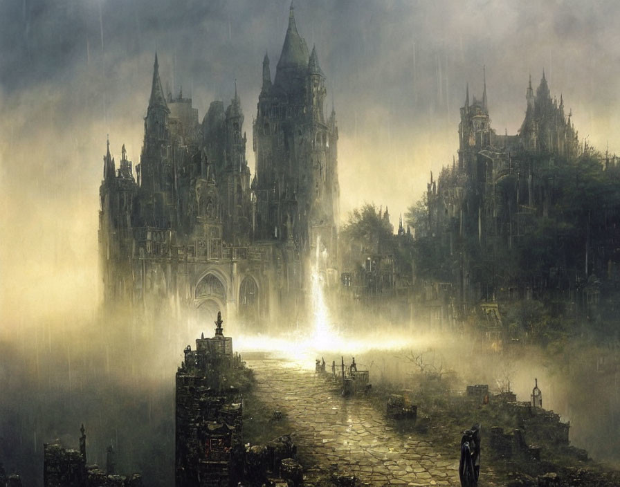 Gothic fantasy landscape with ancient castle, mist, glow, and figures on bridge