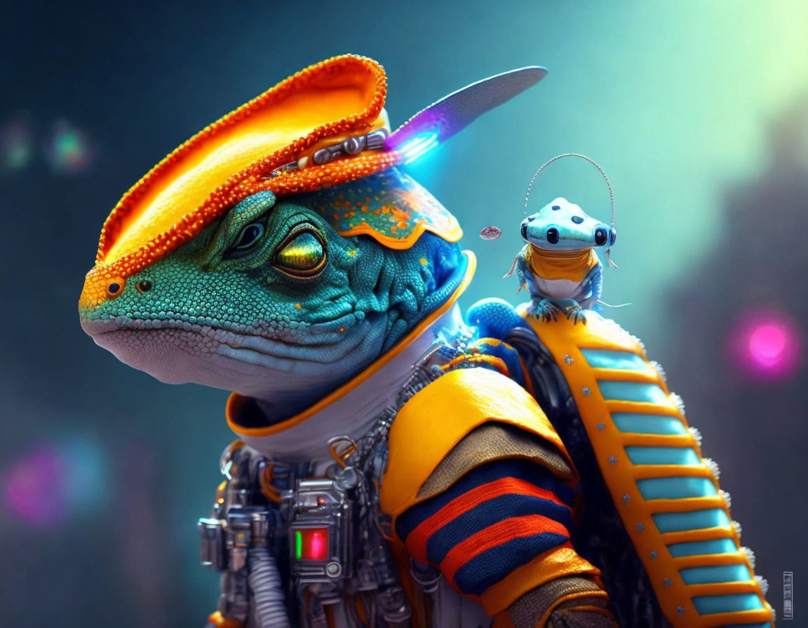 Colorful futuristic digital artwork: anthropomorphic lizard with robot companion