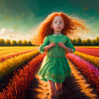 Young girl with red hair in colorful flower fields at sunset with flying birds