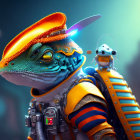 Colorful futuristic digital artwork: anthropomorphic lizard with robot companion