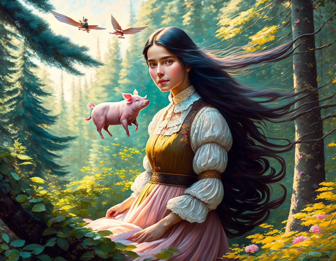 Woman in vintage dress surrounded by flying pig and birds in forest with yellow flowers