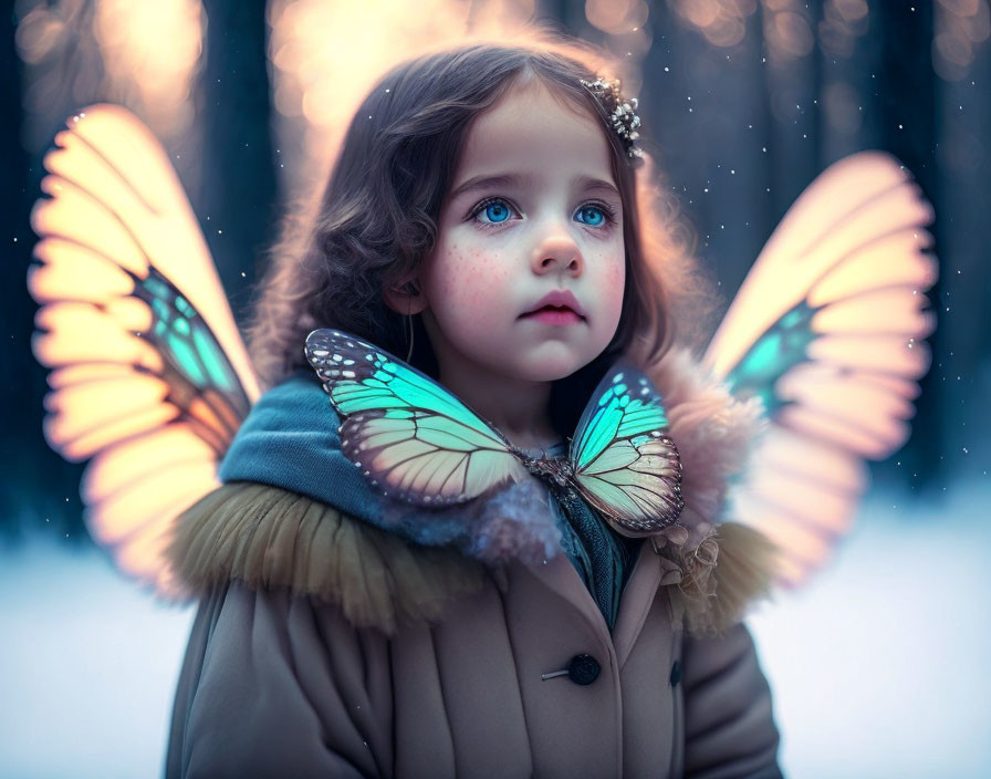 Child with Blue Eyes and Curly Hair in Winter Scene with Butterfly Wings