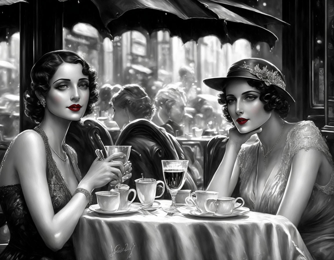 Vintage women at café with teacup in black and white, accented by red lipstick.