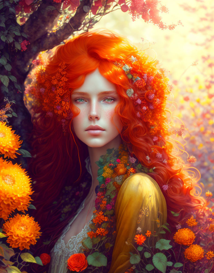 Woman with Red Hair and Blue Eyes Surrounded by Orange Flowers in Mystical Autumn Setting