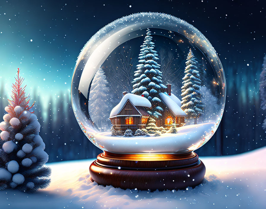 Snow globe with cozy cottage, pine trees, and snowy landscape at twilight