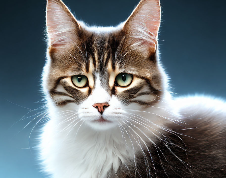 Fluffy tabby cat with green eyes and white chest on blue background