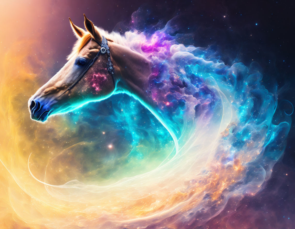 Vibrant cosmic nebula blending with horse's head in digital art