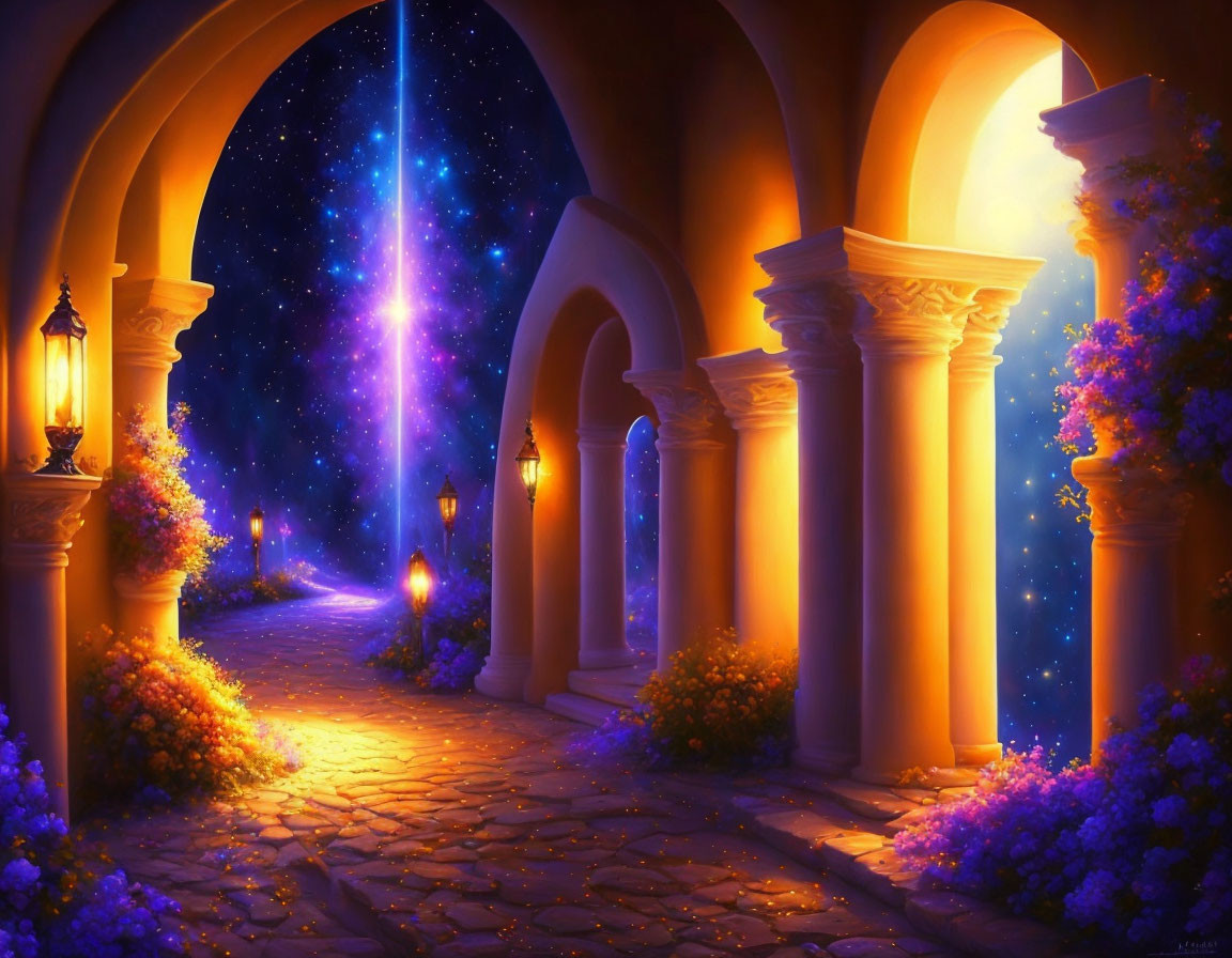 Starry night scene through arched passage with columns and lanterns