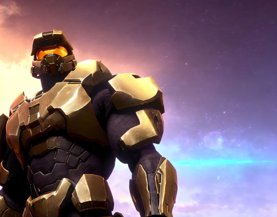 Master Chief from Halo series with cosmic backdrop and nebula.