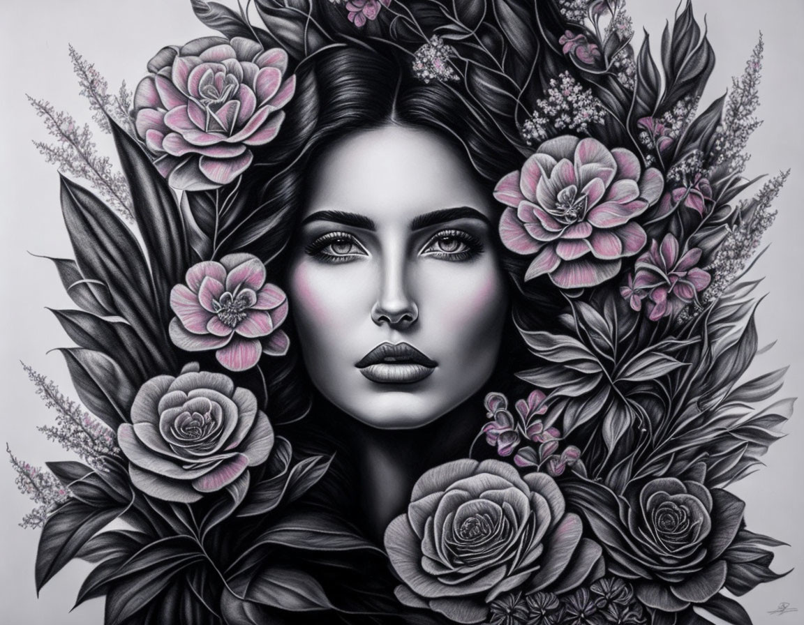 Detailed monochrome woman's face with floral surroundings.