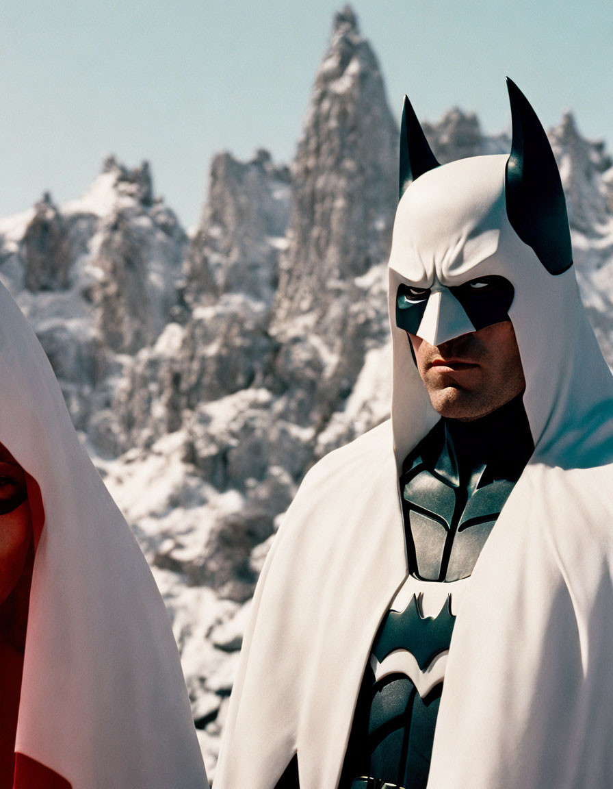 Person in Batman costume with white cape and cowl against snowy mountains