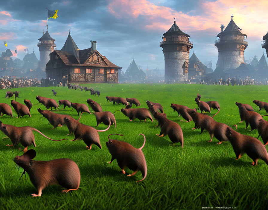 Brown rats running towards medieval village with stone towers in dusk sky