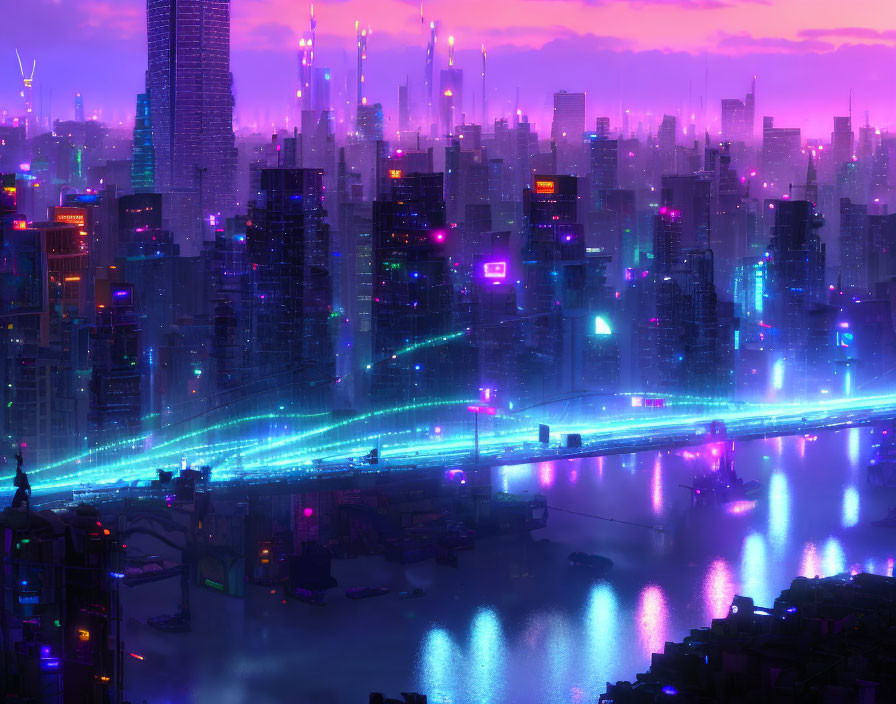 Futuristic cyberpunk cityscape with neon lights and skyscrapers at dusk