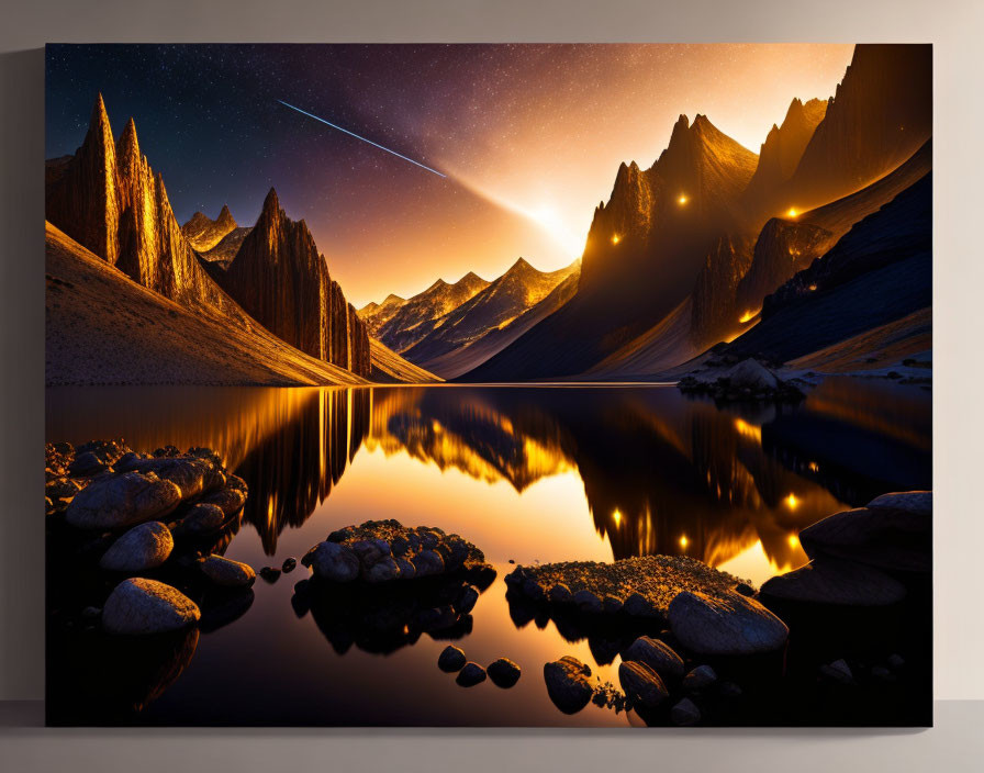 Starry night sky over mountain range reflected in lake