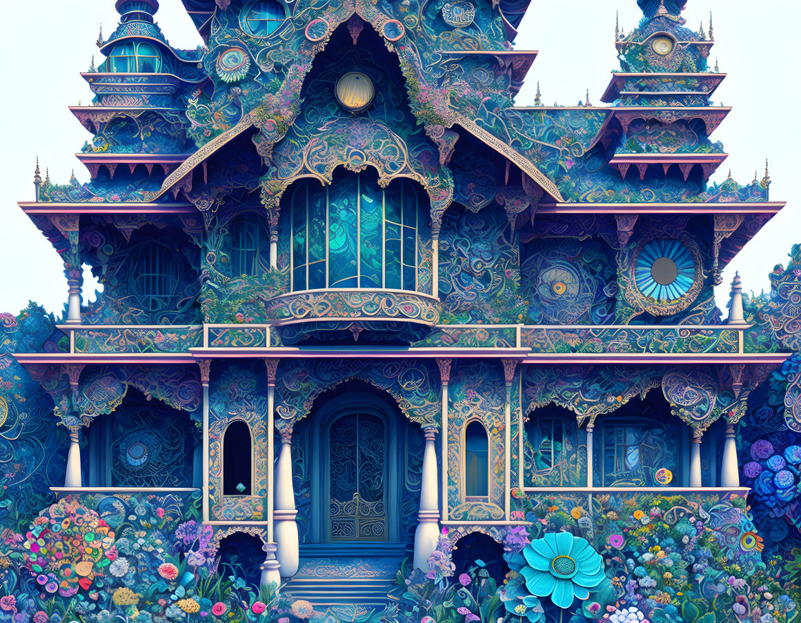 Ornate palace with lush floral surroundings and rich blue and purple hues