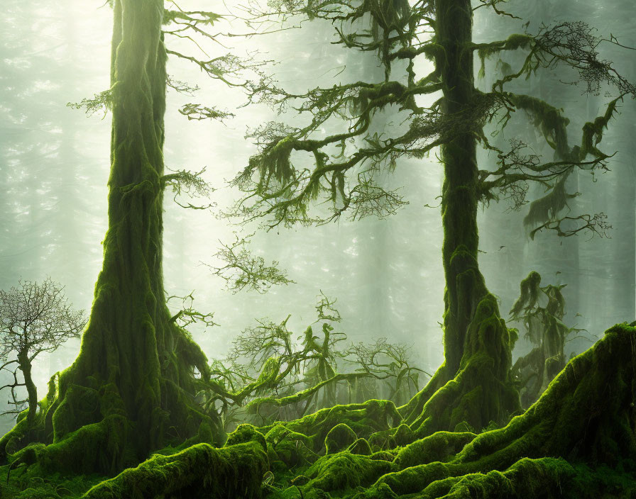 Misty green forest with tall moss-covered trees