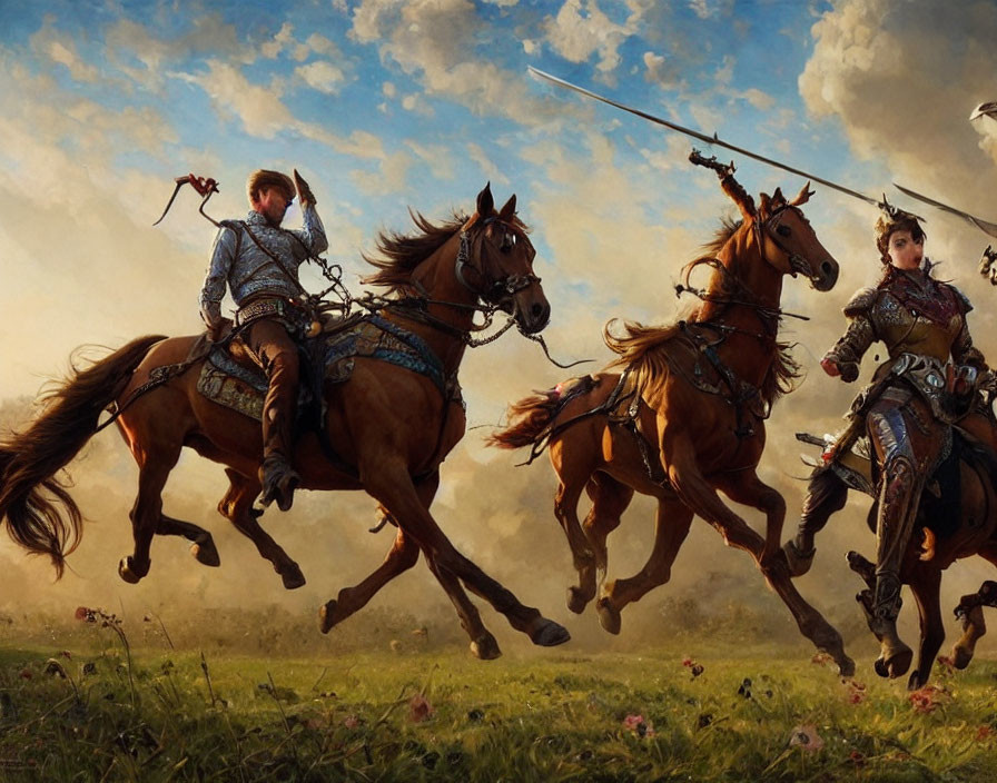 Medieval knights on galloping horses in armor under cloudy sky