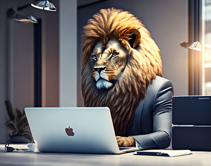 Lion with human body in suit working on laptop at office desk