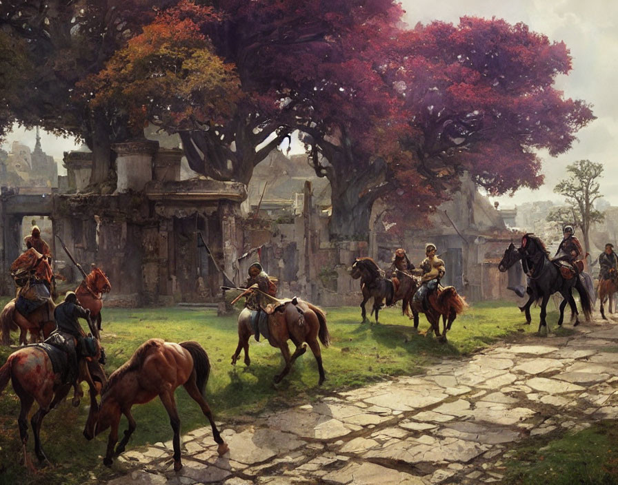 Medieval soldiers on horseback in ancient ruined city with red tree