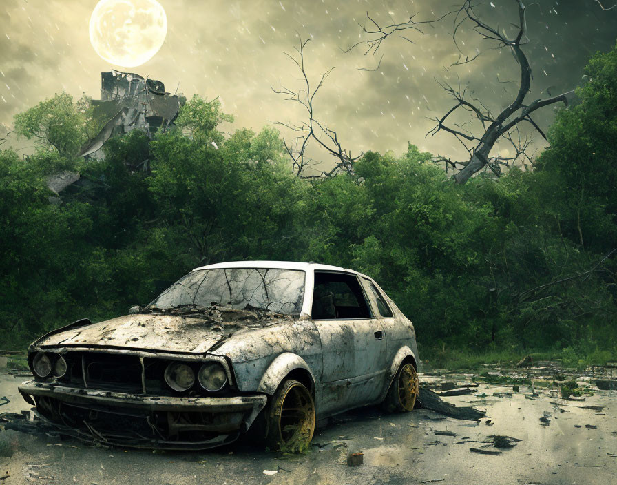 Rusted car in desolate landscape under full moon