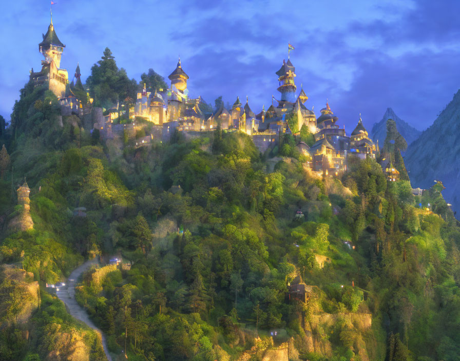 Hilltop castle with spires and towers at dusk