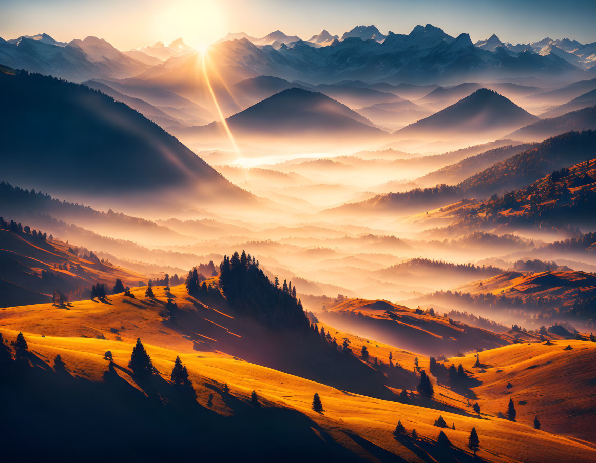 Scenic sunrise over misty mountain landscapes with scattered trees