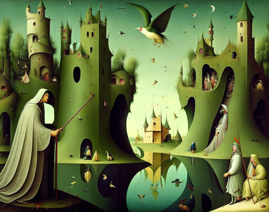 Surreal painting of green castle landscape with anthropomorphic buildings, human figures, birds, and hood