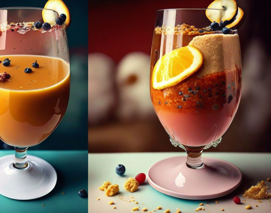 Layered Smoothie Glasses with Fruit Garnish on Colorful Background