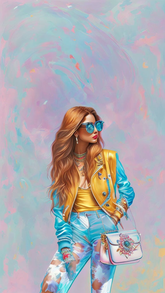 Fashionable woman illustration in yellow jacket and floral pants