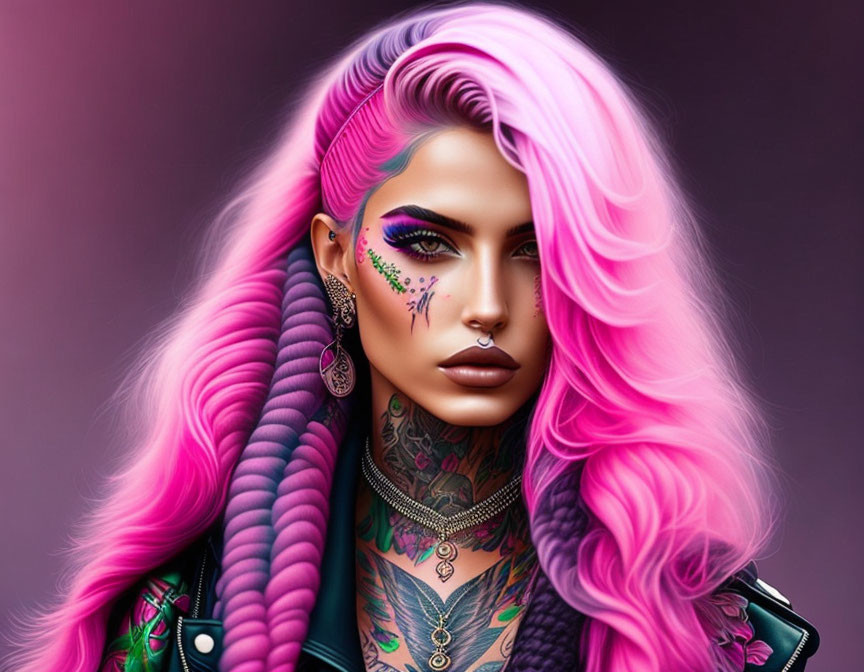 Colorful digital portrait of a person with pink hair, purple makeup, piercings, and neck